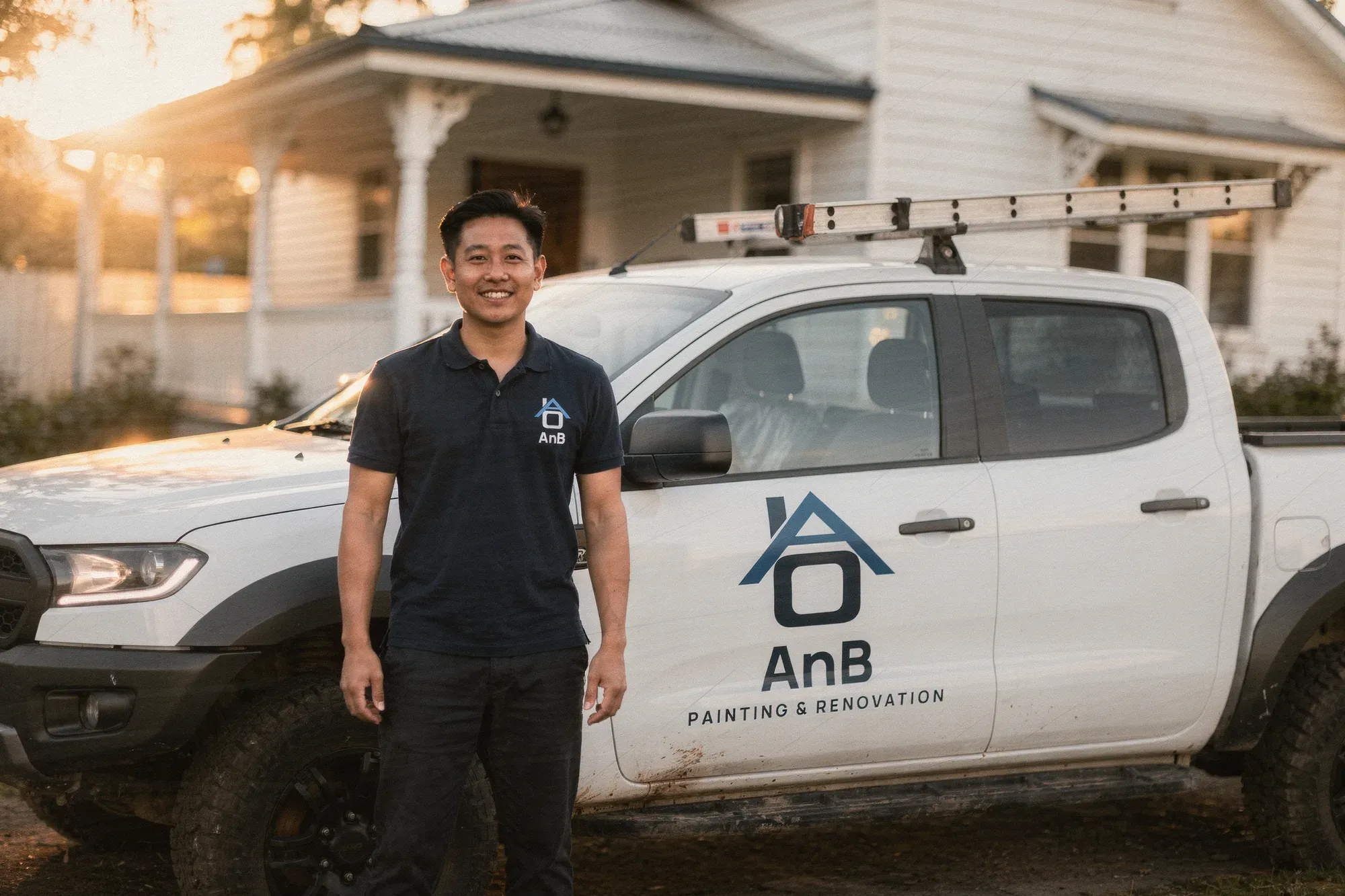 An AnB Painting & Renovation painter smiling beside the company ute in front of a white Queenslander home