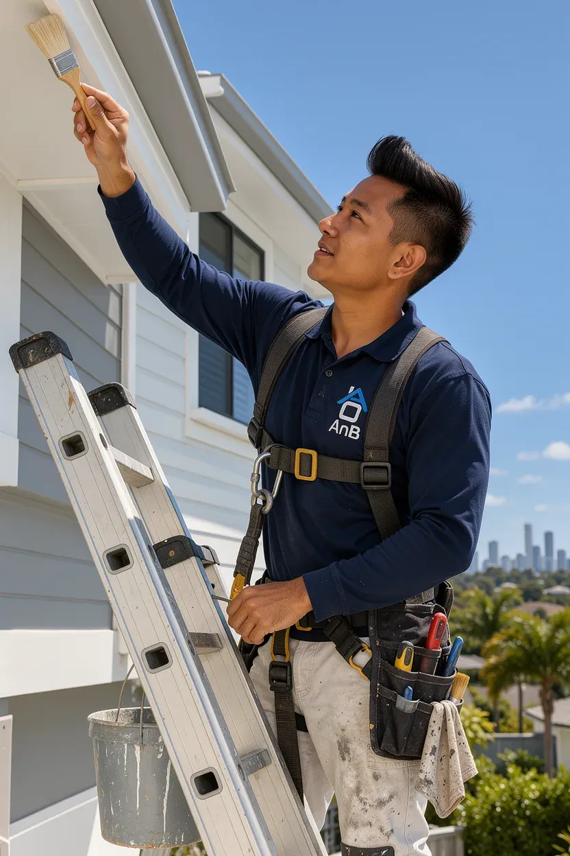 Painter at work on the eaves of a home