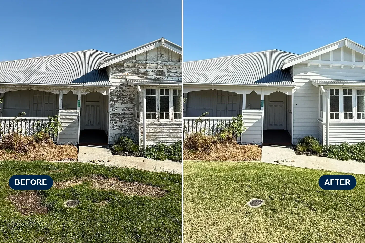 A Queenslander home before and after repainting: faded, flaking paint on the left, a crisp white finish on the right